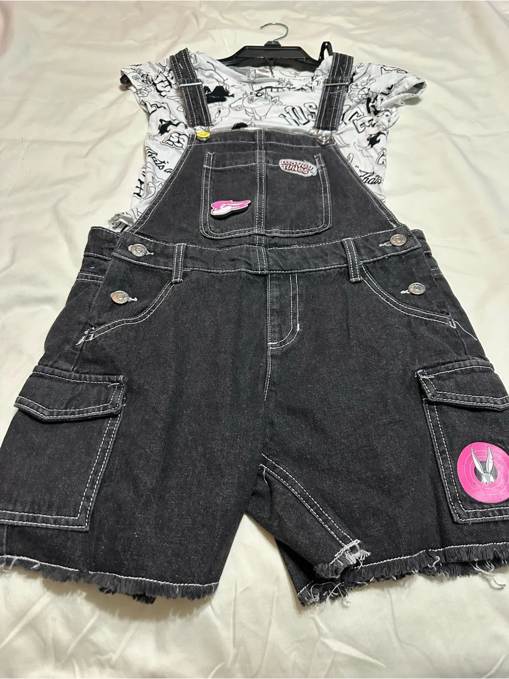 Warner Bros. Black Denim Short Overalls with Looney Tunes Patches